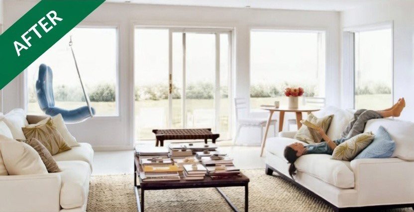 After: a bright, tidy living room