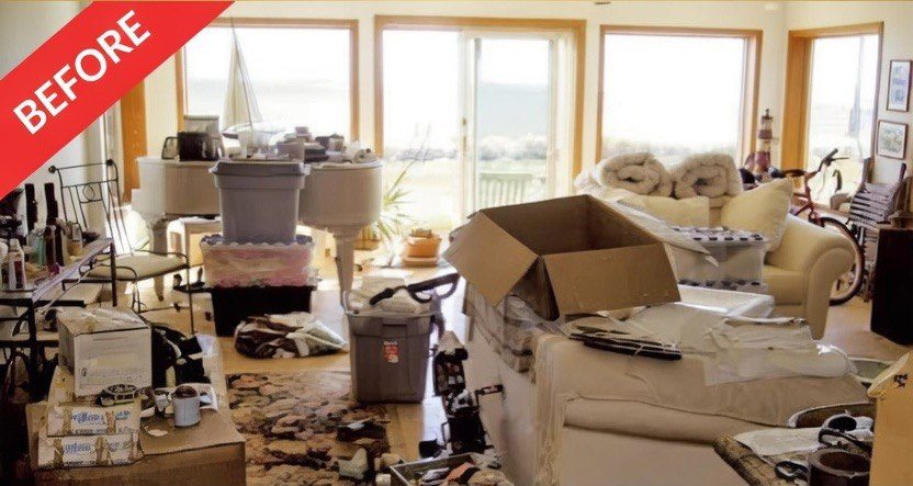 Before: a living room overwhelmed with clutter