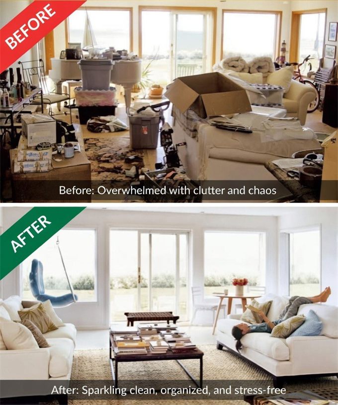 Before and after: a living room overwhelmed with clutter, then sparkling clean and organized